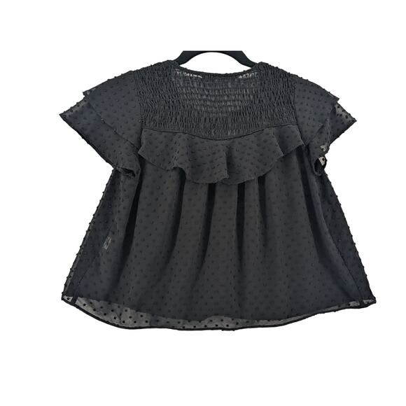 Zara Flare Blouse S Black Draped Loose Fit Tie Front Smocked Pleated Flounce Top - Picture 2 of 11